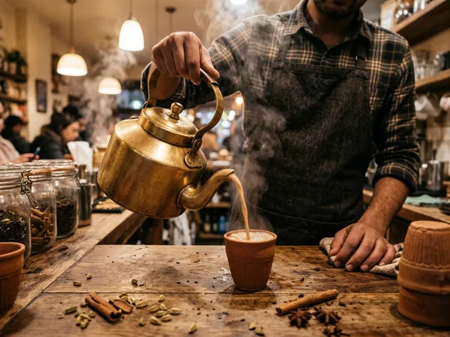 Chai being poured from a pan into a cup at a Kolkata roadside tea stall